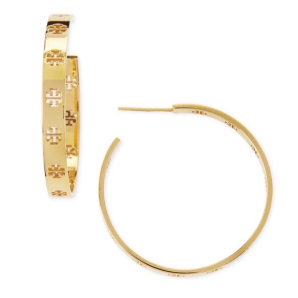 TORY BURCH • Gold Signature Pierced Logo Hoop Earrings - Picture 3 of 5